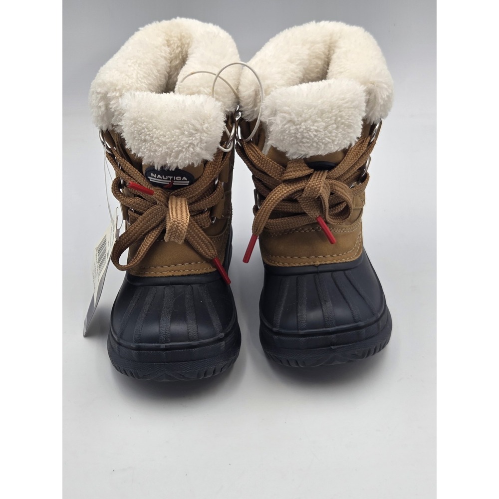 NWT Nautica Ayce Snow Boots Tan/Blue Lace Up Faux Fur Lined Sz Toddler 7